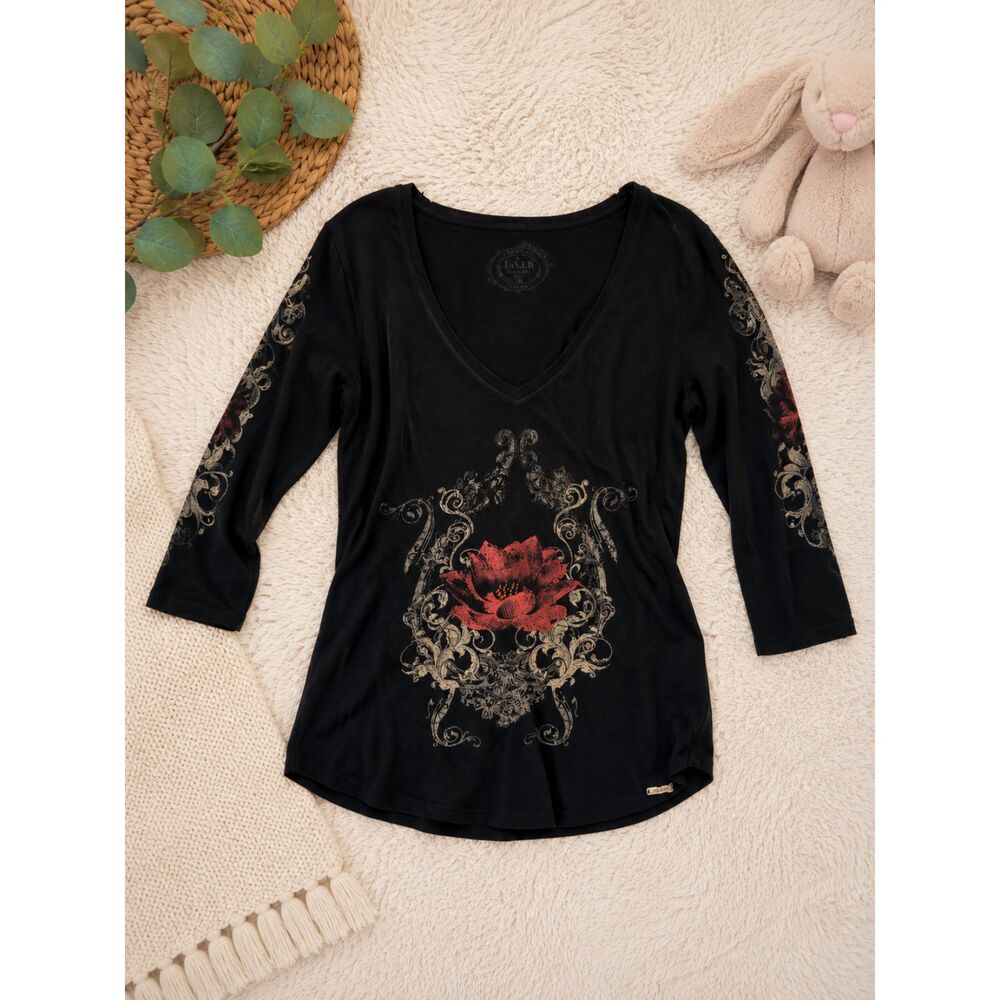 Y2K Jake's American Classics Rose Graphic Top Women's Medium Black Grunge Goth